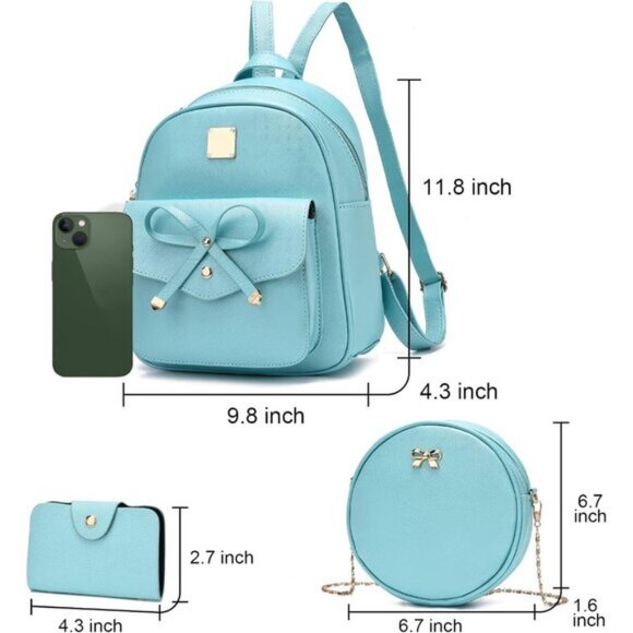 New Bowknot Green 3-Piece Set – Leather Backpack, Shoulder Bag & Purse - Picture 2 of 7